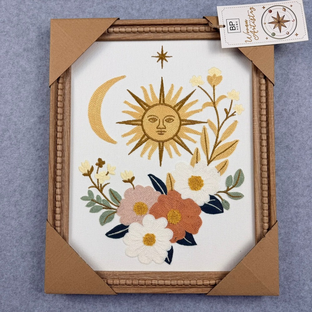 BP Home Woven Artistry Embroidered Sun Moon Floral Framed Wall Art 12x15 Boho